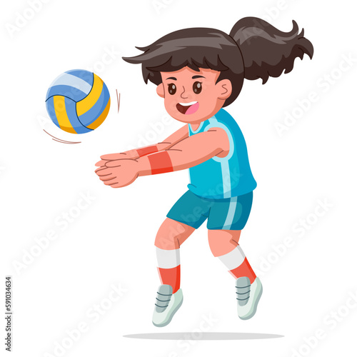 Happy cute kid girl playing volleyball on a white background. Vector Illustration