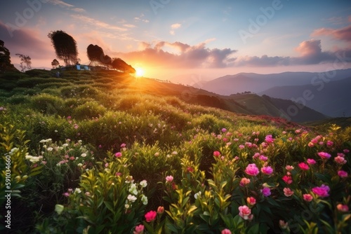 tea plantation sunset with the sun setting behind rows of colorful blooming flowers  created with generative ai