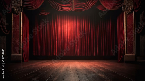 Red stage curtain with spotlight. Generative Ai