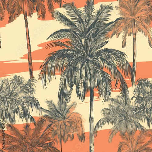 Exotic palm tree drawing on a trendy hand-drawn background as a Seamless Pattern. AI generation.