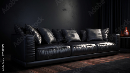 Black leather sofa with pillows. Generative Ai © andranik123