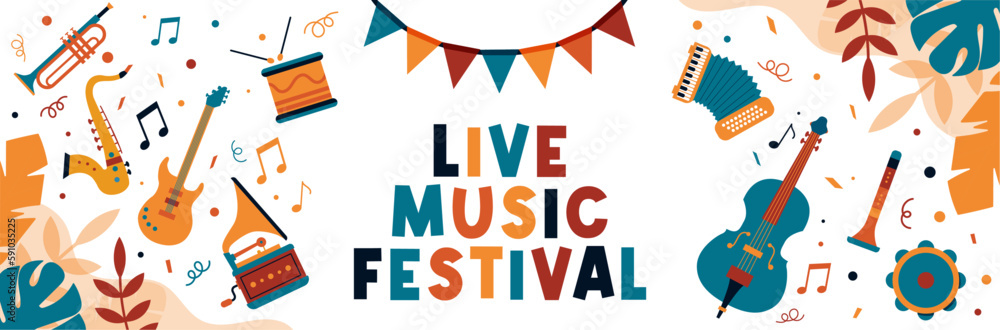 Live Music festival - Musical instruments - Illustrations and title
 - obrazy, fototapety, plakaty 