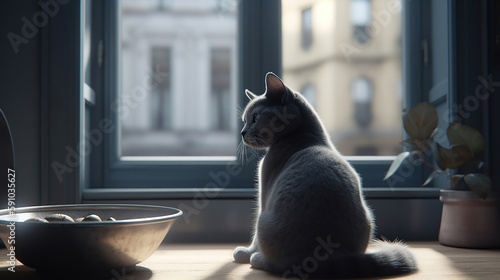 cat sits on the windowsill with food in the bowl in front of it. Generative AI technology