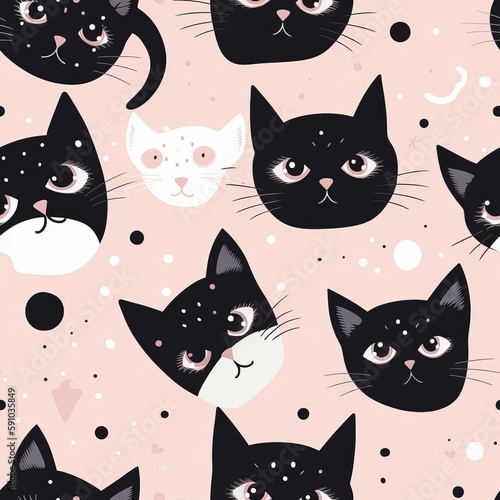 Adorable black kittens with big eyes on a pink background as a seamless cat pattern. AI generation.