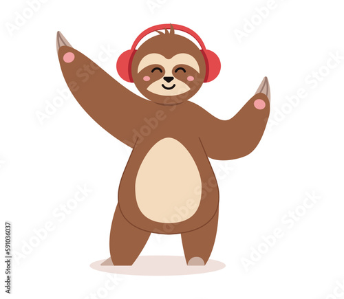 Concept Sloth character dancing and listening to music in big headphones. This illustration is a flat, web concept featuring a cute sloth character. Vector illustration.