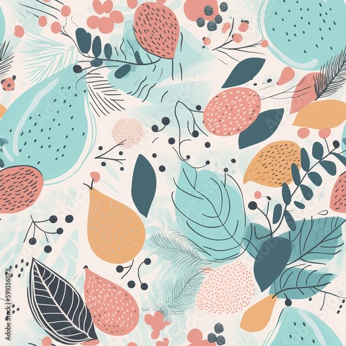 Fruits, berries, and leaves in an abstract seamless pattern. AI generation.