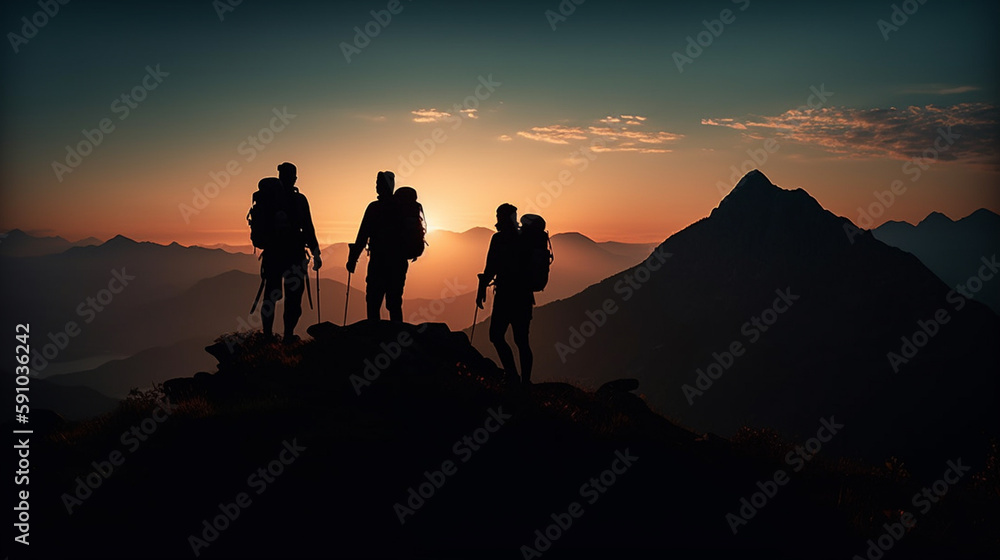 Group of hikers on a mountain top. Generative Ai
