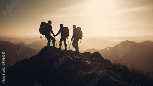 Group of hikers on a mountain top. Generative Ai © andranik123