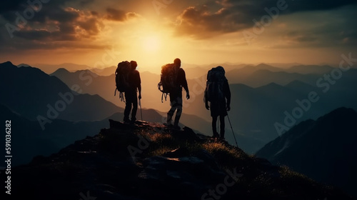 Group of hikers on a mountain top. Generative Ai