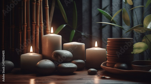 Spa still life with candles and pebbles. Generative Ai