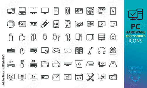 PC Hardware and accessories icons set. Set of computer parts, CPU, GPU, SSD, PC Case, wireless mouse, keyboard, flash drive, usb cable, mic, cam, headphones, usb hub, computer cable vector icons