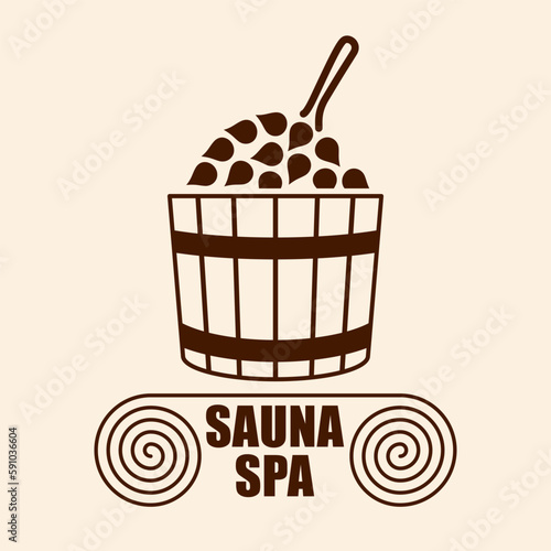 Sauna Spa Logo. Healing procedures and relaxating in bathhouse or sauna of hot steam. Body care therapy. Vector illustration