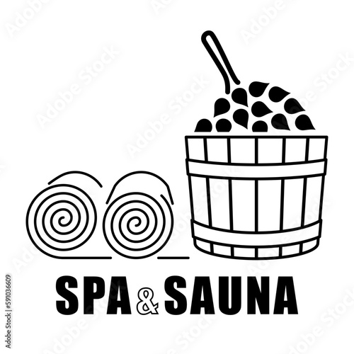 Spa Sauna Logo. Healing procedures and relaxating in bathhouse or sauna of hot steam. Body care therapy. Vector illustration