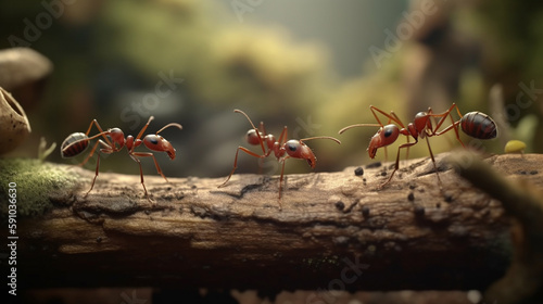Ants on the wooden bridge. Generative Ai © andranik123