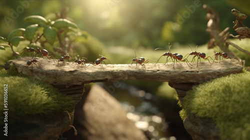 Ants on the wooden bridge. Generative Ai