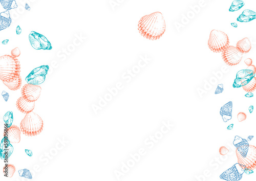 Red Starfish Background White Vector. Shellfish Coastal Pattern. Exotic Illustration. Orange Oyster Doodle Wallpaper.