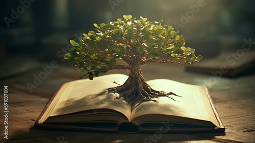 Tree growing from an open book. Generative Ai