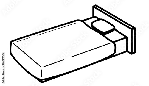 シンプルなベッドの線画イラスト。ホテルや睡眠のアイコン。