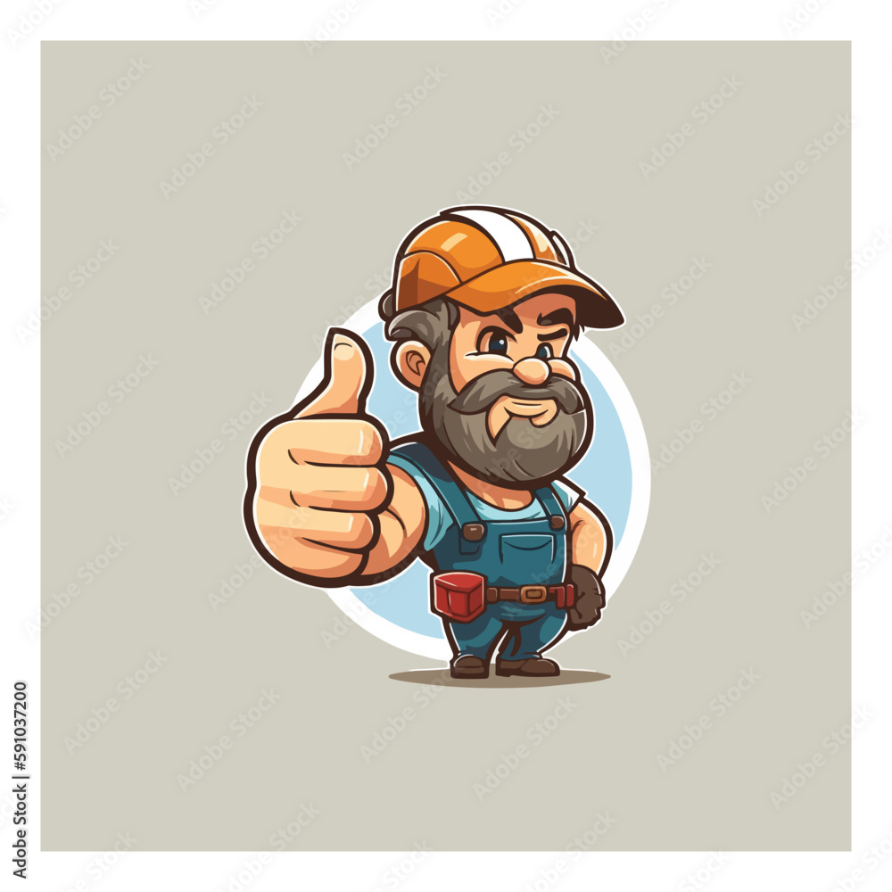 builder giving thumbs up. Vector logo illustration. cartoon