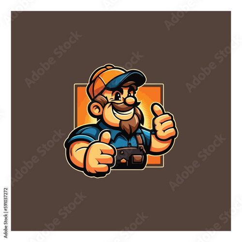 builder giving thumbs up. Vector logo illustration. cartoon
