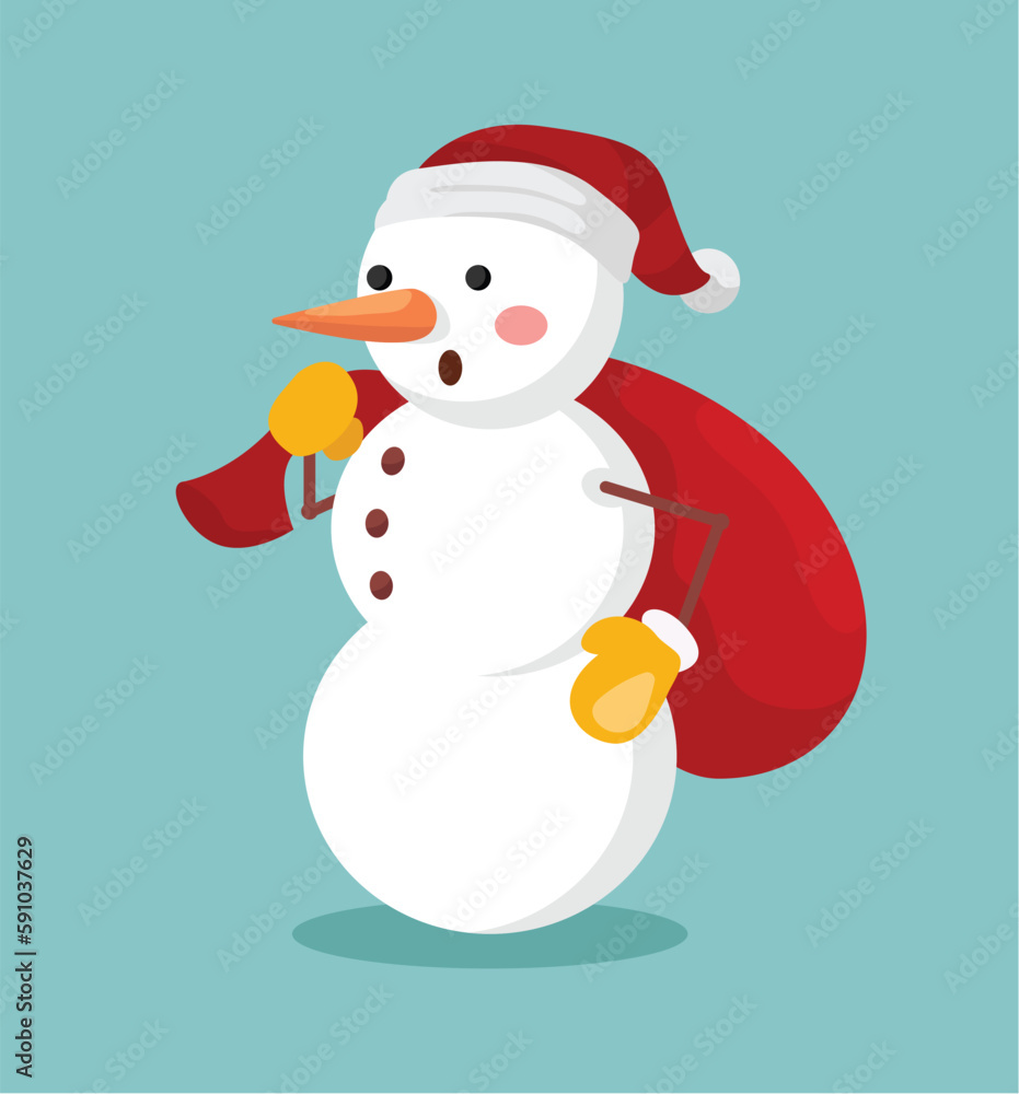 Concept Cartoon snowman. This illustration features a cute snowman in a flat, vector style design holding a present bag. Vector illustration. Concept Cartoon snowman. This illustration features a cute snowman in a flat, vector style design holding a present bag. Vector illustration.