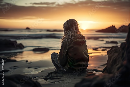 Photo of a woman sitting in front of a sunset on the beach