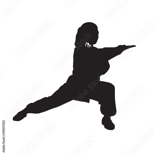 Silhouette of a girl in wushu fighting stance, kung fu gymnastics, vector illustration