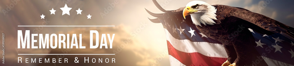 Fototapeta premium Memorial Day - Honoring All Who Served Text Over Eagle Flies with American Flag in Freedom. Memorial Day and Veterans Day Banner format. Generative AI.