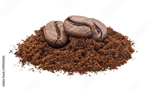 Ground coffee and coffee beans isolated on white background photo