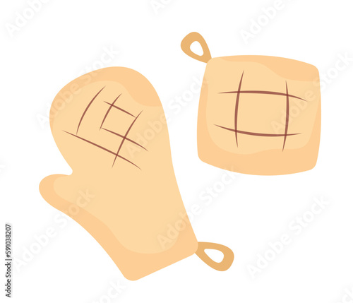 Concept BBQ kitchen gloves oven mitten. The illustration is a vector cartoon concept of a flat, featuring a BBQ grill and gloves or oven mittens. Vector illustration.