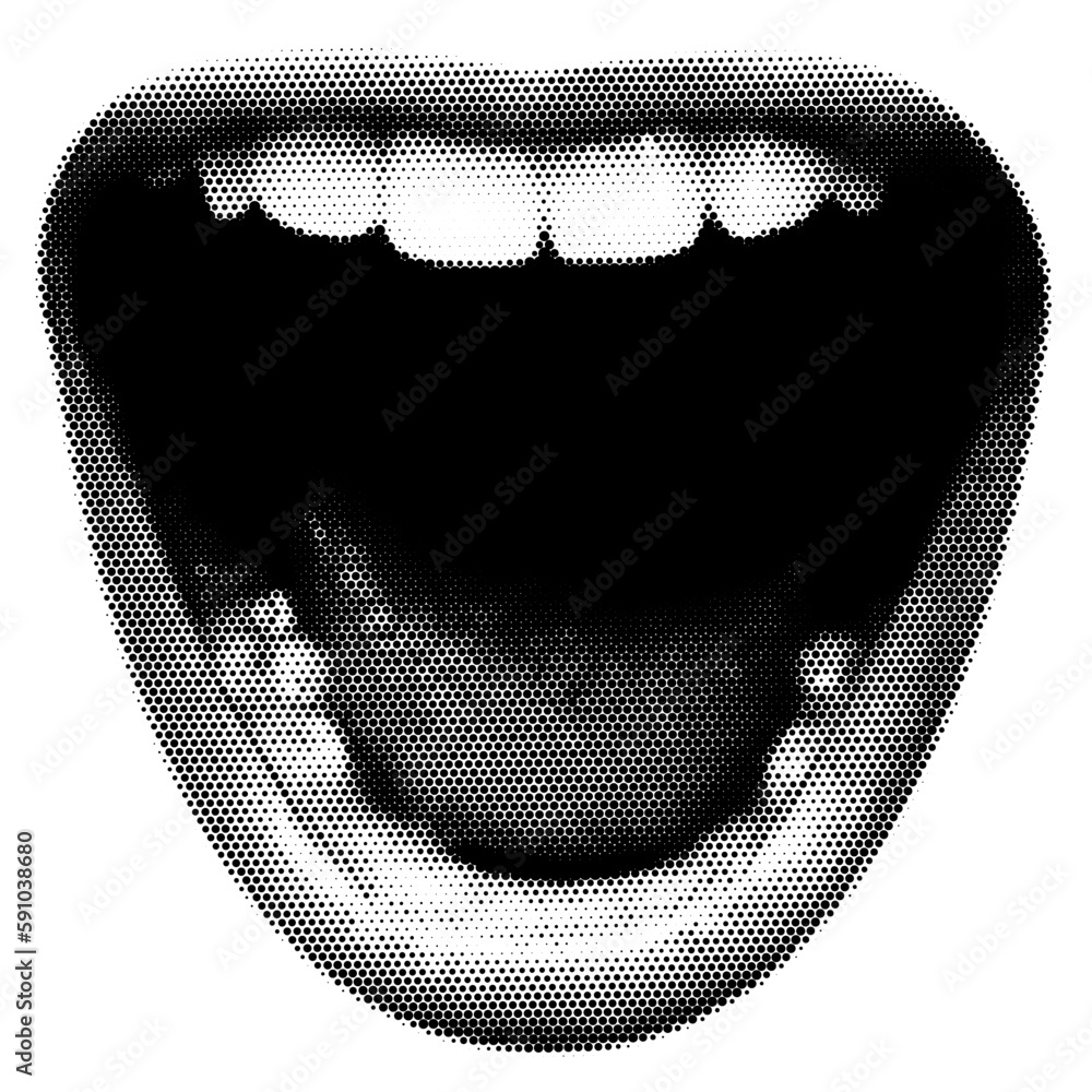 Screaming Mouth collage. Design lips in trendy dotted pop art style