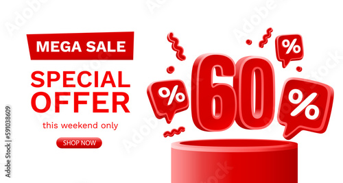 Mega sale special offer, 60 off sale banner. Sign board promotion. Vector illustration