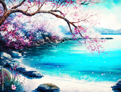 Beautiful spring landscape, Summer beach watercolor background, Landscape painting, Watercolor landscape, Ocean watercolor hand painting illustration, Cherry blossom landscape.