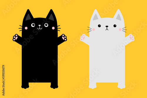 Black white square cat set ready for a hugging. Kitty standing reaching for a hug. Open hand paw print, tail. Funny Kawaii animal. Cute cartoon pet character. Flat design White background.