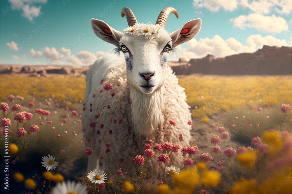 cute adorable hippy goat in a field of wildflowers boho fashion 60s