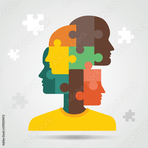 Unity and Diversity, illustration showing many face colors on one body, skin color is not important, unity is important