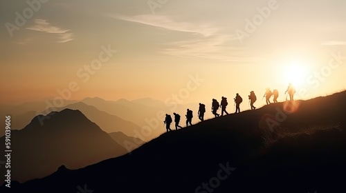Group of tourist little silhouettes in a mountain. Generative AI