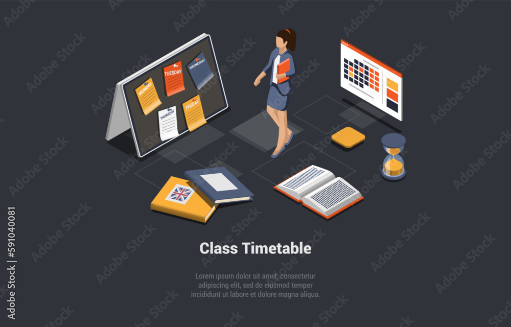 Class Timetable, Education Digital Calendar And Online Learning Concept. Girl Student With Notebook In Front Of The Tablet With Notes, Copybook And Calendar. Isometric 3d Cartoon Vector Illustration