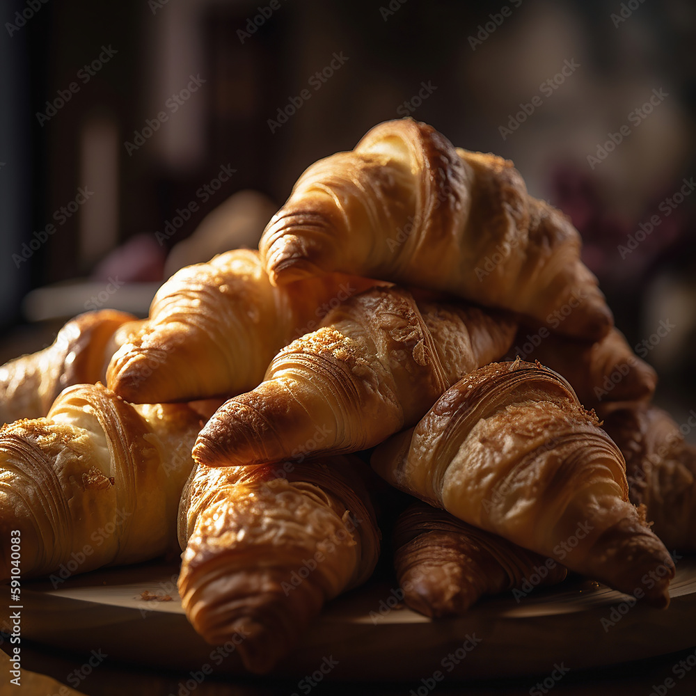 Close up of pile of delicious croissants. Generative AI technology Close up of pile of delicious croissants. Generative AI technology