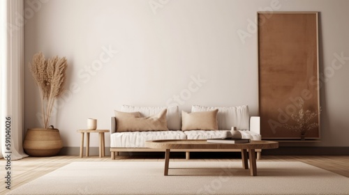 Wabi-Sabi Living Room Background. Contemporary Interior Design. Generative AI. photo