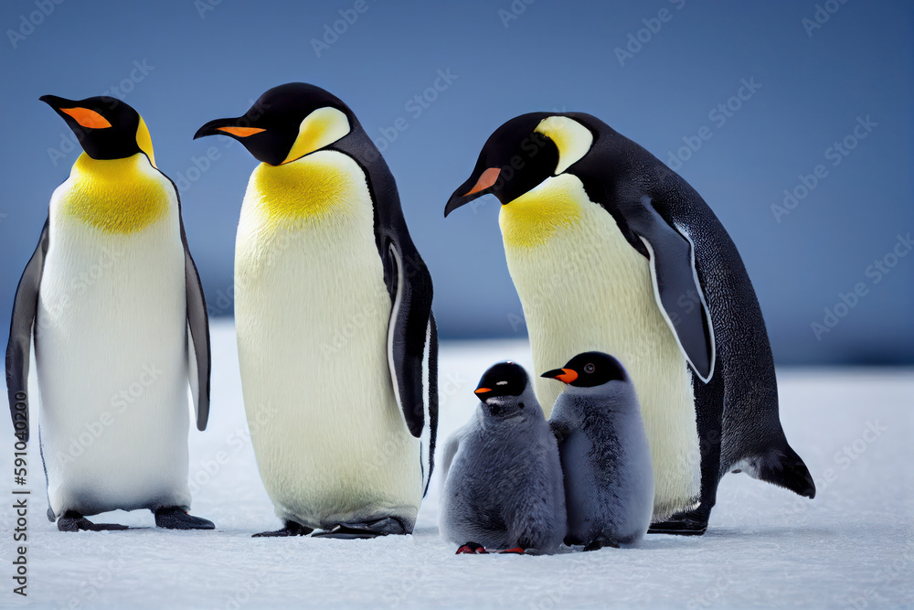 Fototapeta premium Emperor Penguin family with a fluffy baby, in snowy Antarctic, generative ai