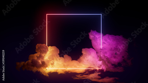 Pink and Yellow Neon Light with Cloud Formation. Square shaped Fluorescent Frame in Dark Environment.