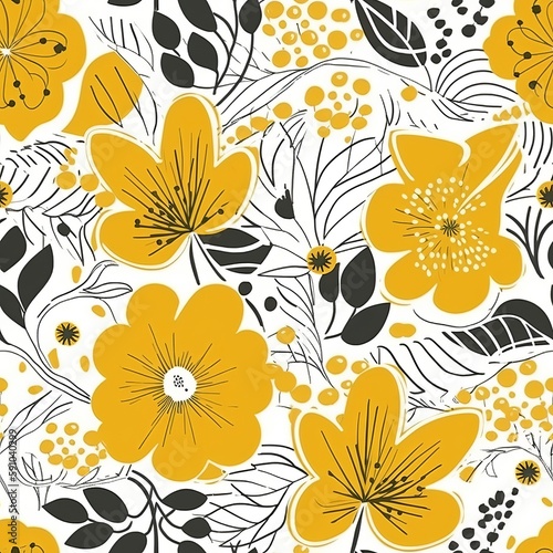 Simple and decorative hand-drawn yellow flowers in a Scandinavian-style floral seamless pattern. AI generation.