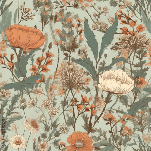 floral print with botanical flowers as a seamless pattern for textile design or background. AI generation.