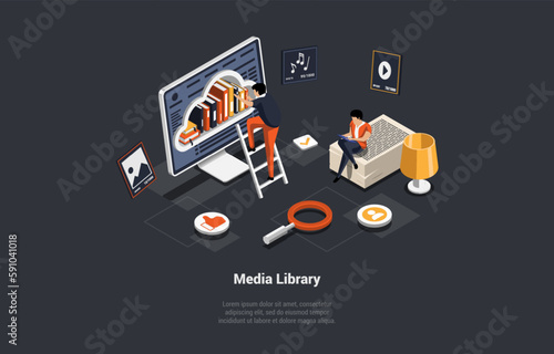Self Education And Media Library. Character Searching A Book In Electronic Library. Modern Digital Library With Characters, Monitor Screen And Book Stacks. Isometric 3d Cartoon Vector Illustration