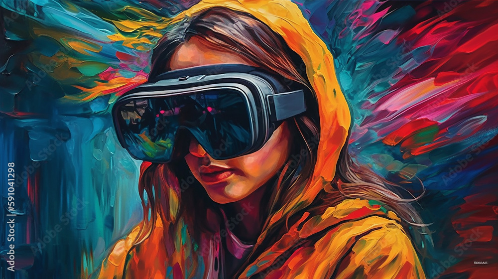 A lady experiencing in VR colorful painting metaverse technology concept Generative AI A lady experiencing in VR colorful painting metaverse technology concept Generative AI