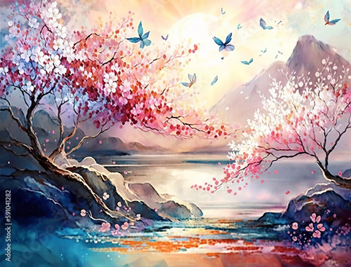 Beautiful spring landscape, Summer beach watercolor background, Landscape painting, Watercolor landscape, Ocean watercolor hand painting illustration, Cherry blossom landscape.