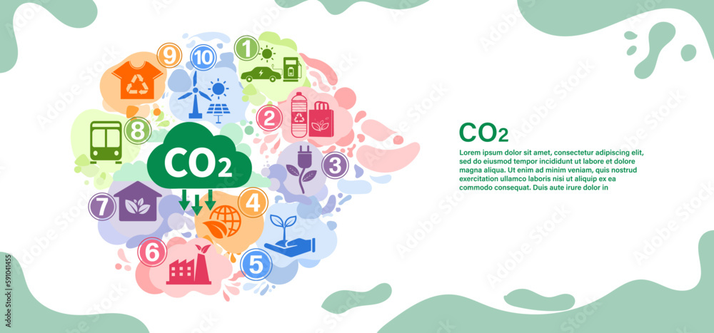 Reduce carbon dioxide emissions to limit global warming and climate change. Lower CO2 levels with sustainable development as renewable energy and electric vehicles - green city vector	
