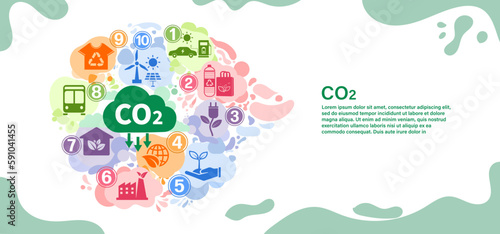 Reduce carbon dioxide emissions to limit global warming and climate change. Lower CO2 levels with sustainable development as renewable energy and electric vehicles - green city vector   © Deemerwha