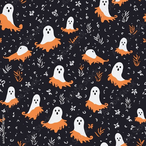 Autumn and Halloween-themed seamless pattern with ghosts. AI generation. © BLACK AND WHITE LOGO